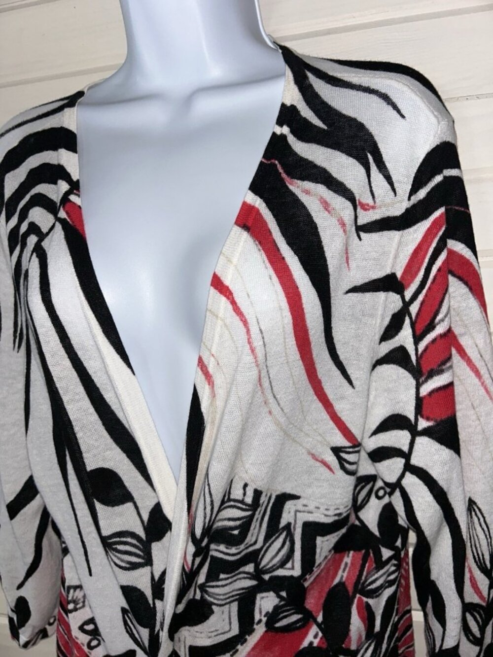 Chicos Sz 2 (LARGE) Black Red White Floral Open Front Cardigan Linen Cotton EUC